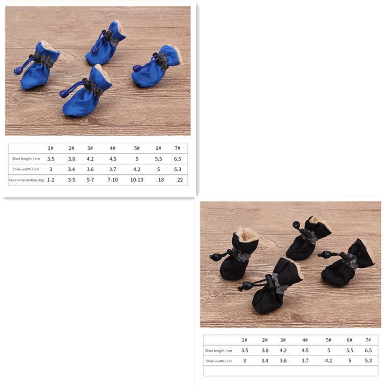 Blue dog soft-soled pet shoes with paw-pull cords and fleece lining, set of 4.