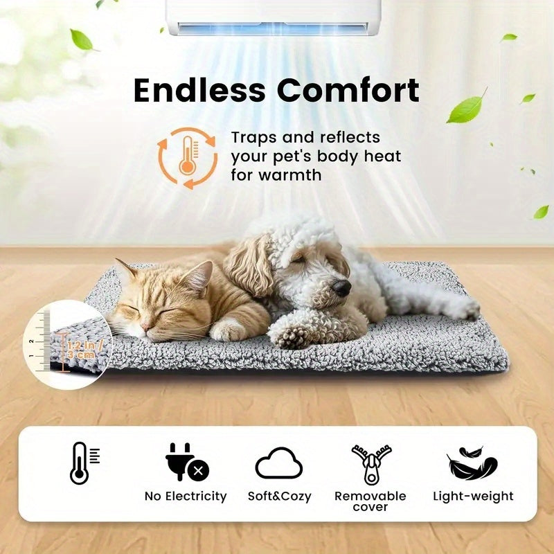 Gray plush pet mattress with warm insulating design for pets
