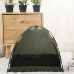 Pet tent bed with cushion in olive green, front view with open arched entrance