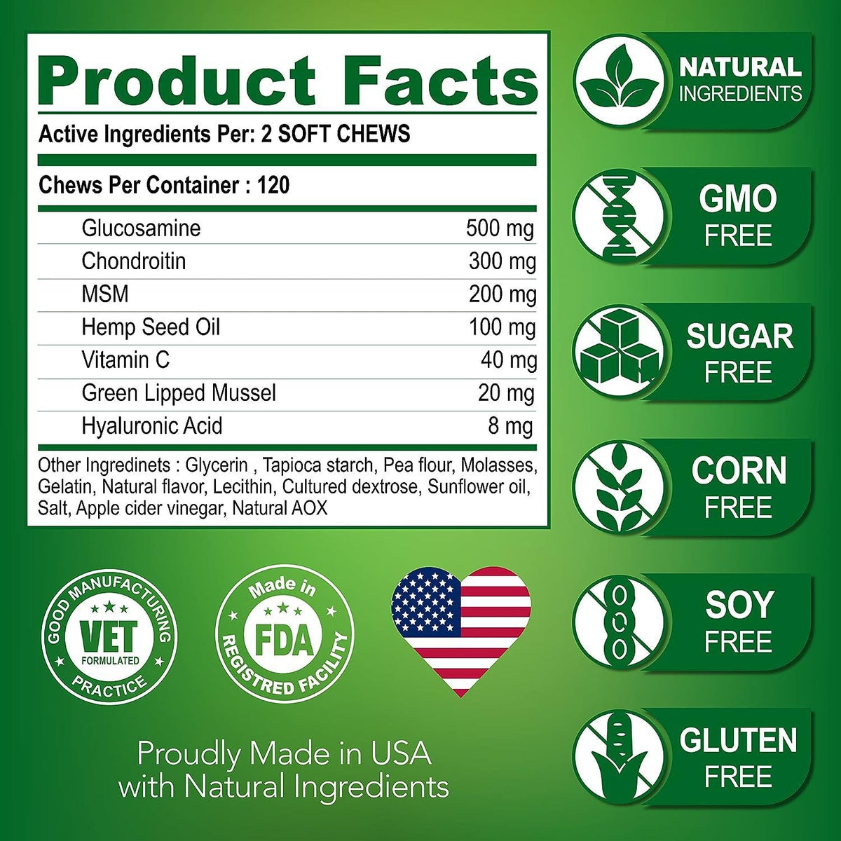 Pet joint supplement chews ingredient facts label with active ingredients and diet badges