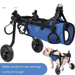 Blue dog wheelchair stroller with handlebar and four rubber wheels.