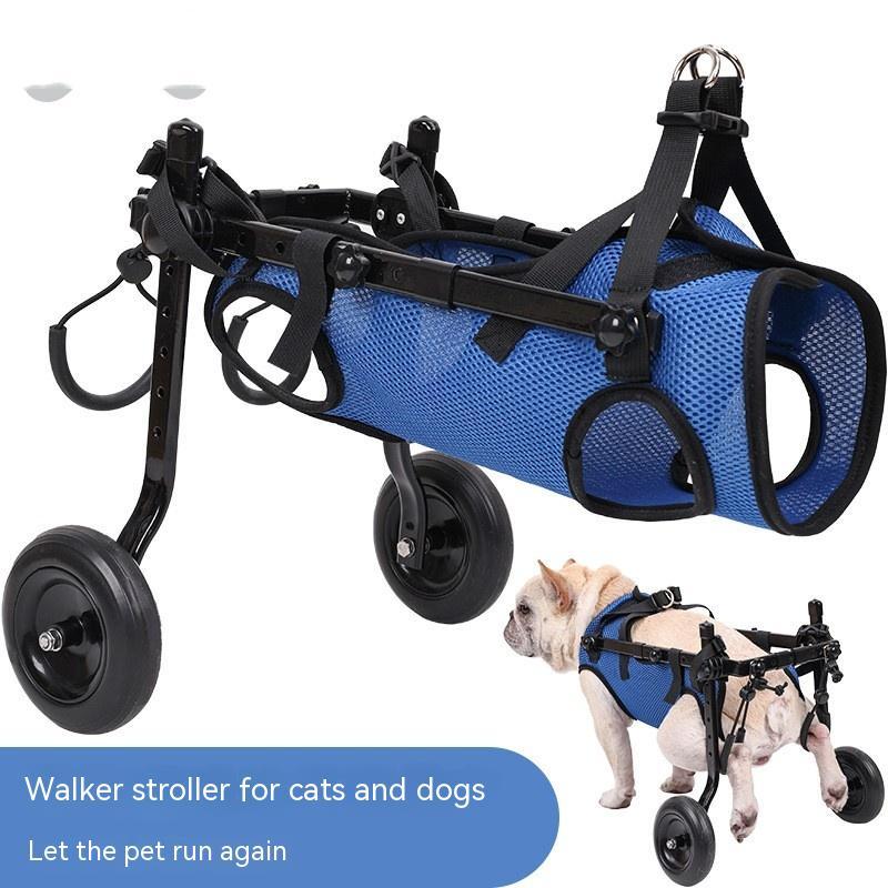 Blue dog wheelchair stroller with handlebar and four rubber wheels.