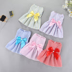 Light blue striped pet bow skirt with yellow ribbon bow