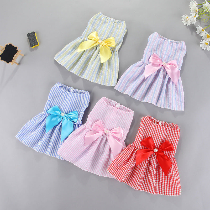 Light blue striped pet bow skirt with yellow ribbon bow