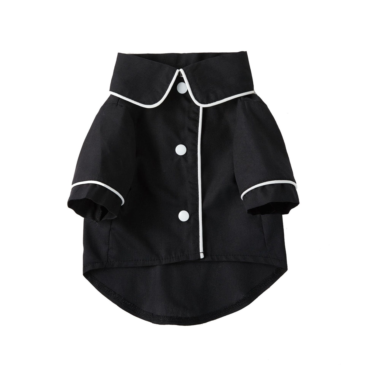 Black pet pajama jacket with button-front and white trim, short sleeves and rounded hem