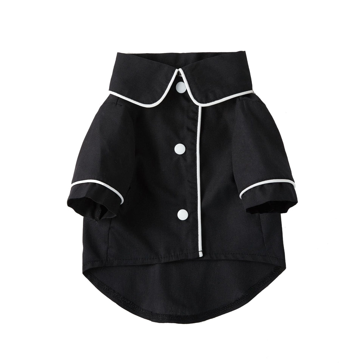Small black pet dog jacket with white trim, snap buttons, and rolled cuff sleeves