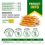 Dog rawhide sticks with chicken, product info panel with stacked chew sticks