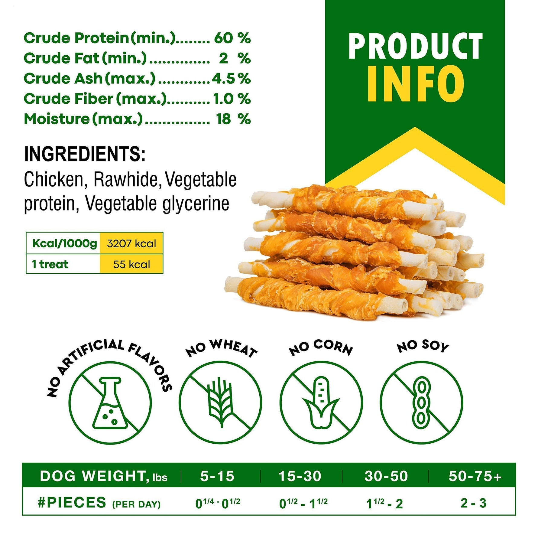 Dog rawhide sticks with chicken, product info panel with stacked chew sticks