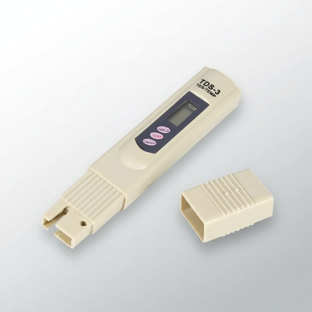 Water quality testing pen meter with light beige body and open probe end