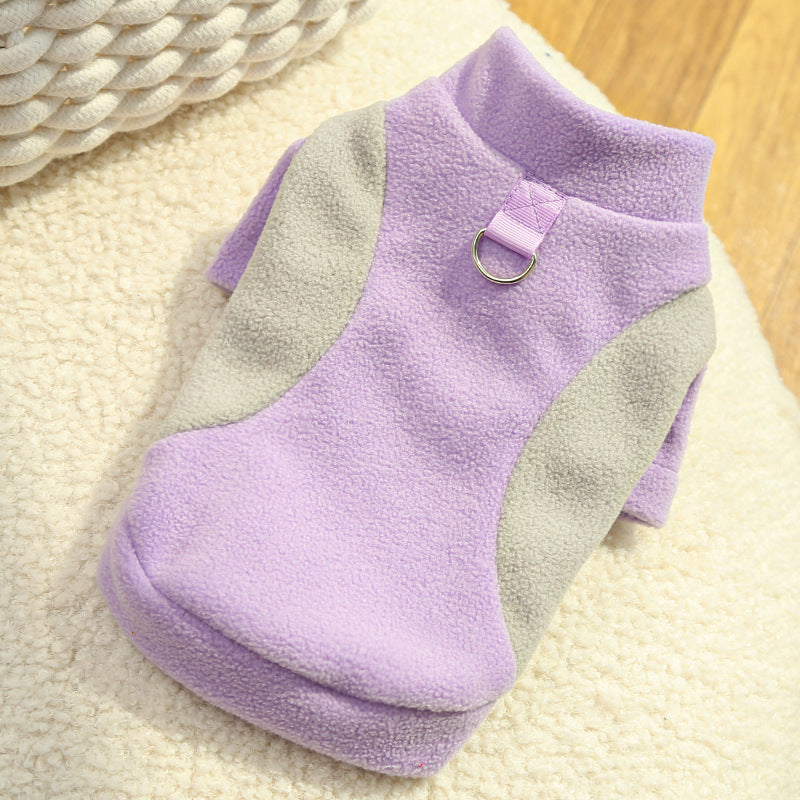 Fleece-lined pet sweater in lavender with light gray side panels and front D-ring leash strap