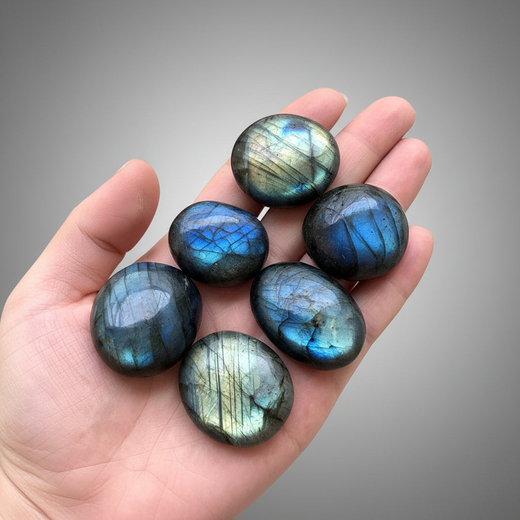 Labradorite ore specimens, oval polished stones in hand with blue and green flashes