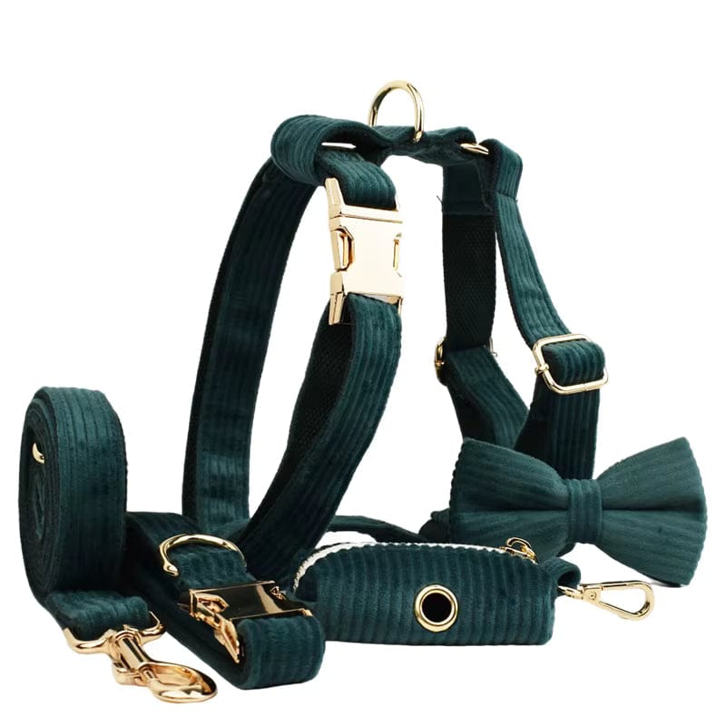 Dark green corduroy dog harness set with matching collar and bow tie