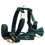 Dark green corduroy dog harness set with matching collar and bow tie