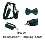 Dark green corduroy bow tie, collar, leash, and poop bag set with gold-tone hardware