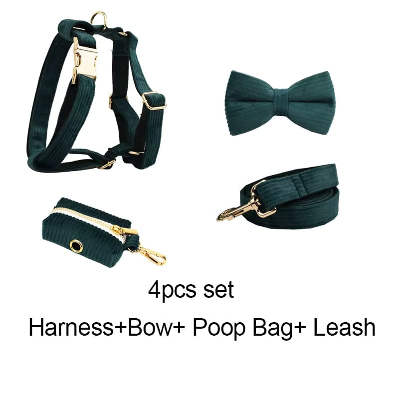 Dark green corduroy bow tie, collar, leash, and poop bag set with gold-tone hardware