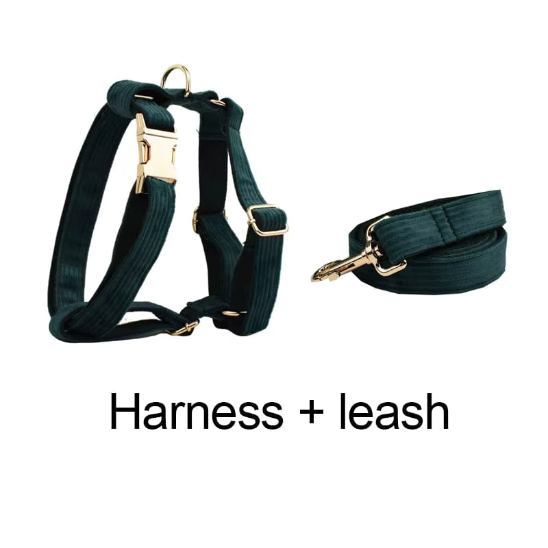 Dark green corduroy dog harness and leash with gold-tone buckles and rings