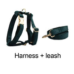 Dark green corduroy dog harness and leash with gold-tone buckles and rings