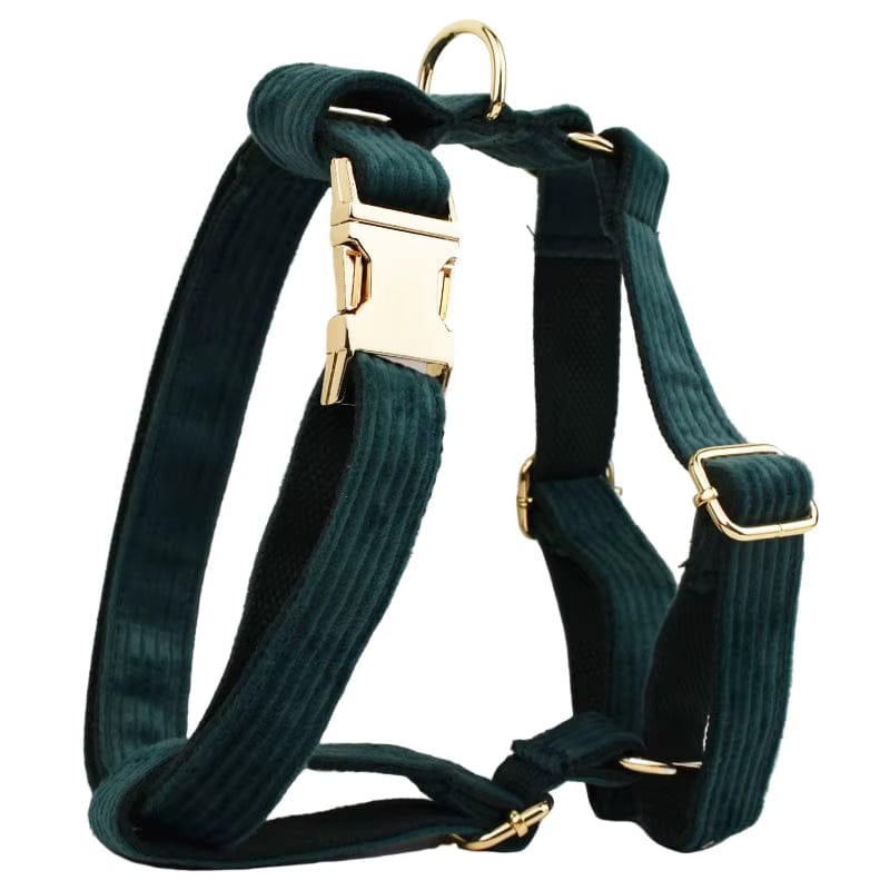 Dark green corduroy dog harness with gold-tone buckles and front strap