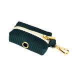 Dark green corduroy poop bag holder with gold-tone zipper and clip