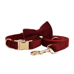 Dark red corduroy pet collar set with bow tie detail and matching leash