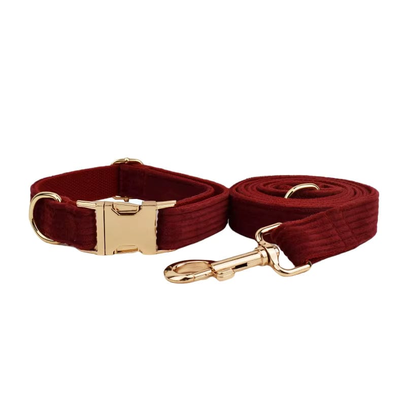 Dark red corduroy dog collar and matching leash set with gold-tone hardware