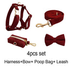 Dark red corduroy 4-piece set: harness, leash, bow tie, and poop bag holder