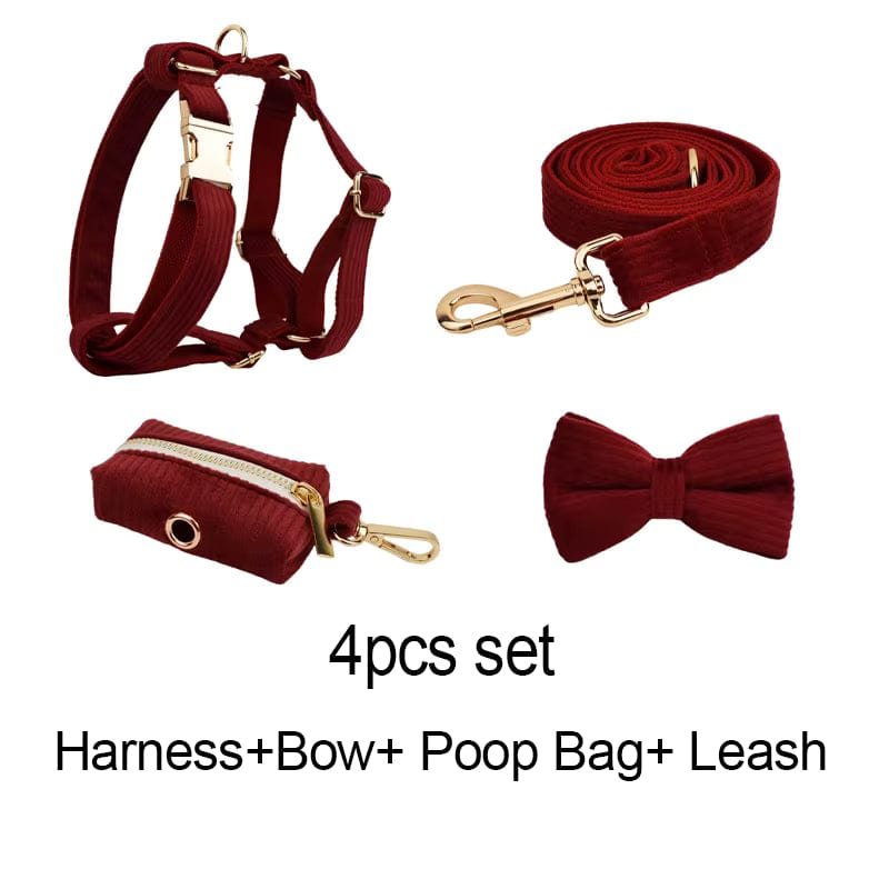 Dark red corduroy 4-piece set: harness, leash, bow tie, and poop bag holder