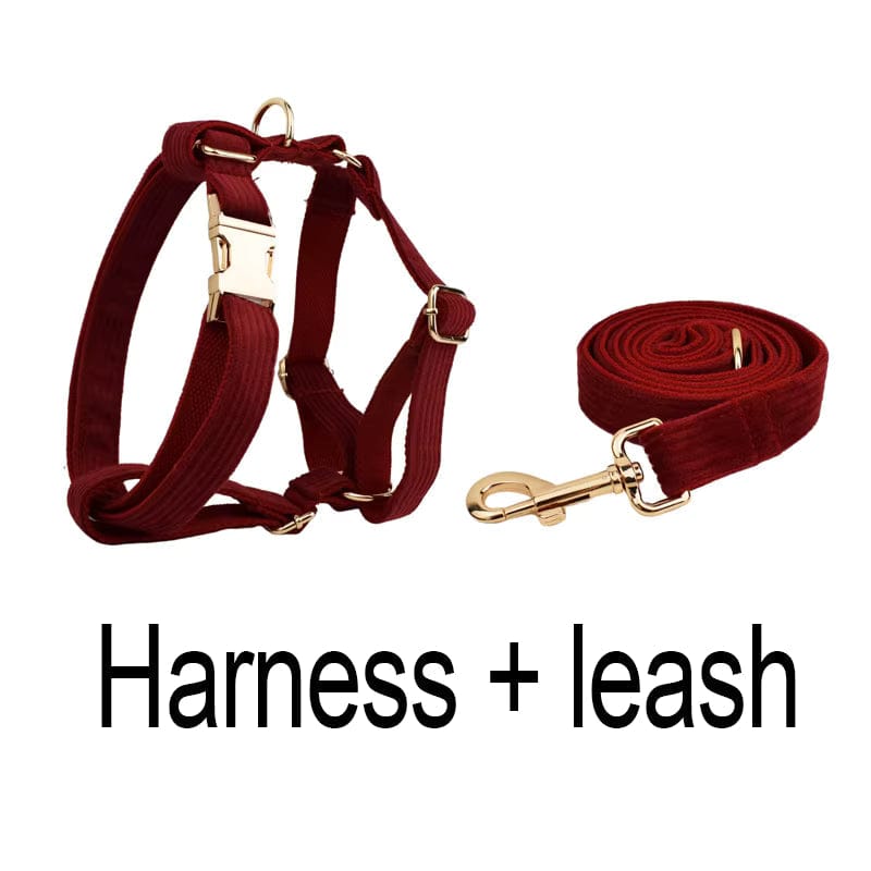 Dark red corduroy dog harness and leash set with gold-tone buckles
