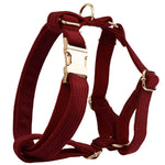 Dark red corduroy dog harness with gold-tone buckles and metal rings