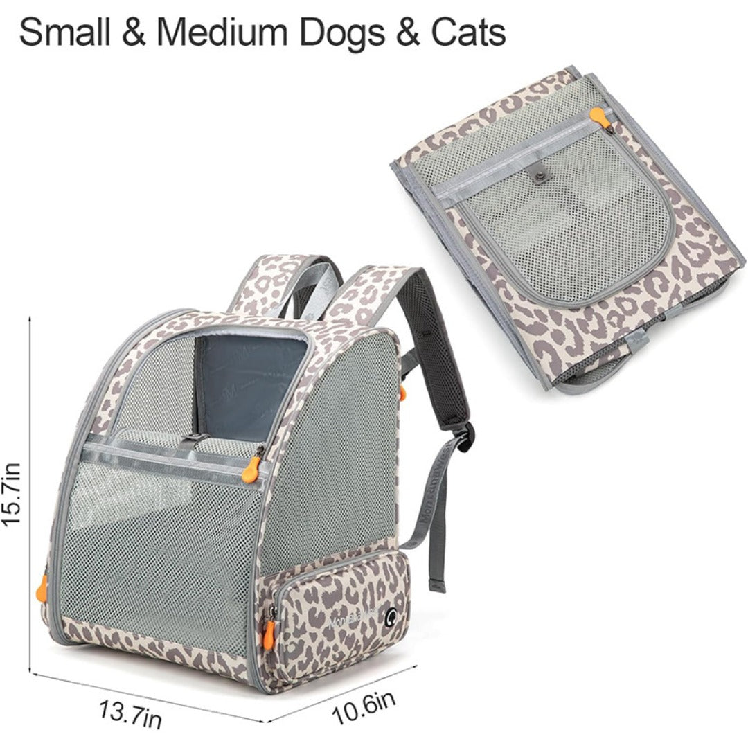 Pet backpack for small pets with leopard trim, grey mesh panels, and front opening