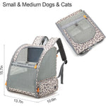 Pet backpack for small pets with leopard trim, grey mesh panels, and front opening