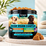 Dog eye care chew container with duck-flavored treat pieces and blue label