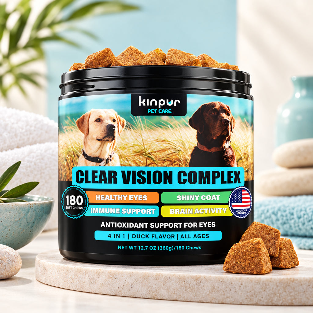 Dog eye care chew container with duck-flavored treat pieces and blue label