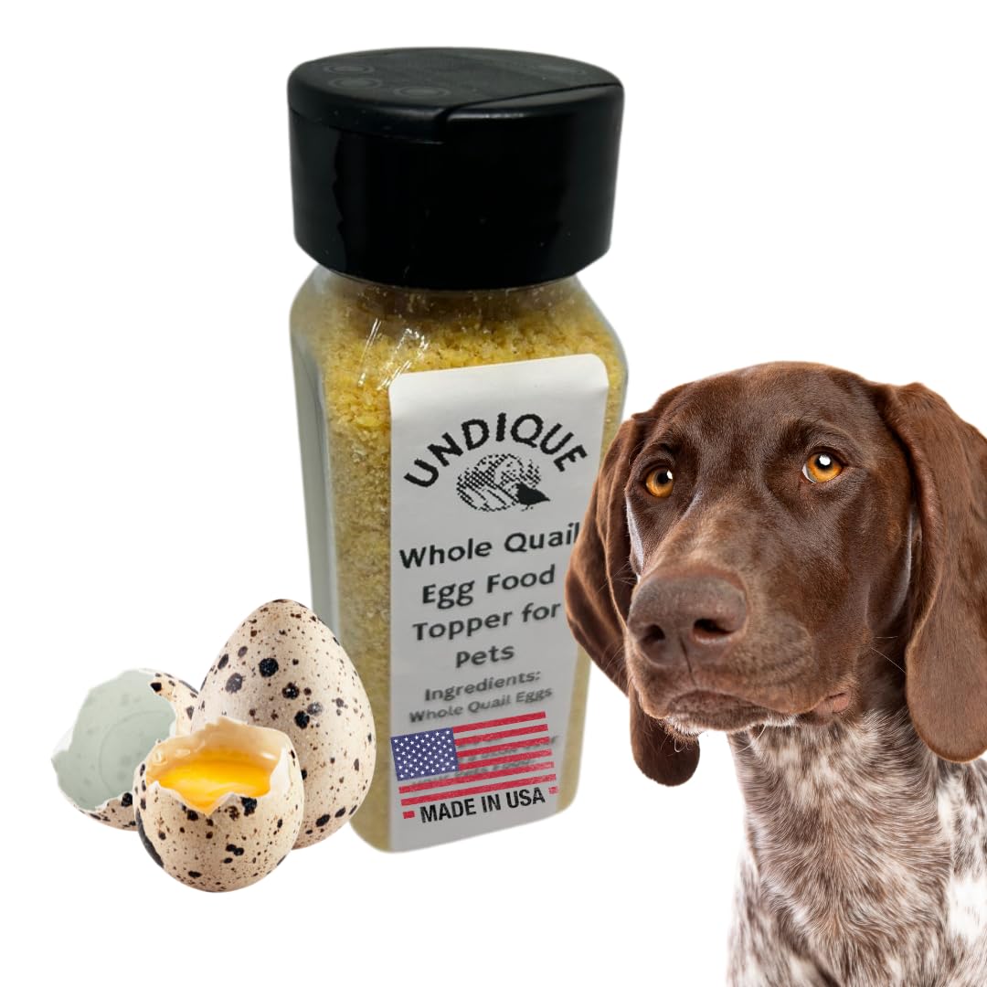 Quail egg food topper bottle with black cap, white label, quail eggs and dog