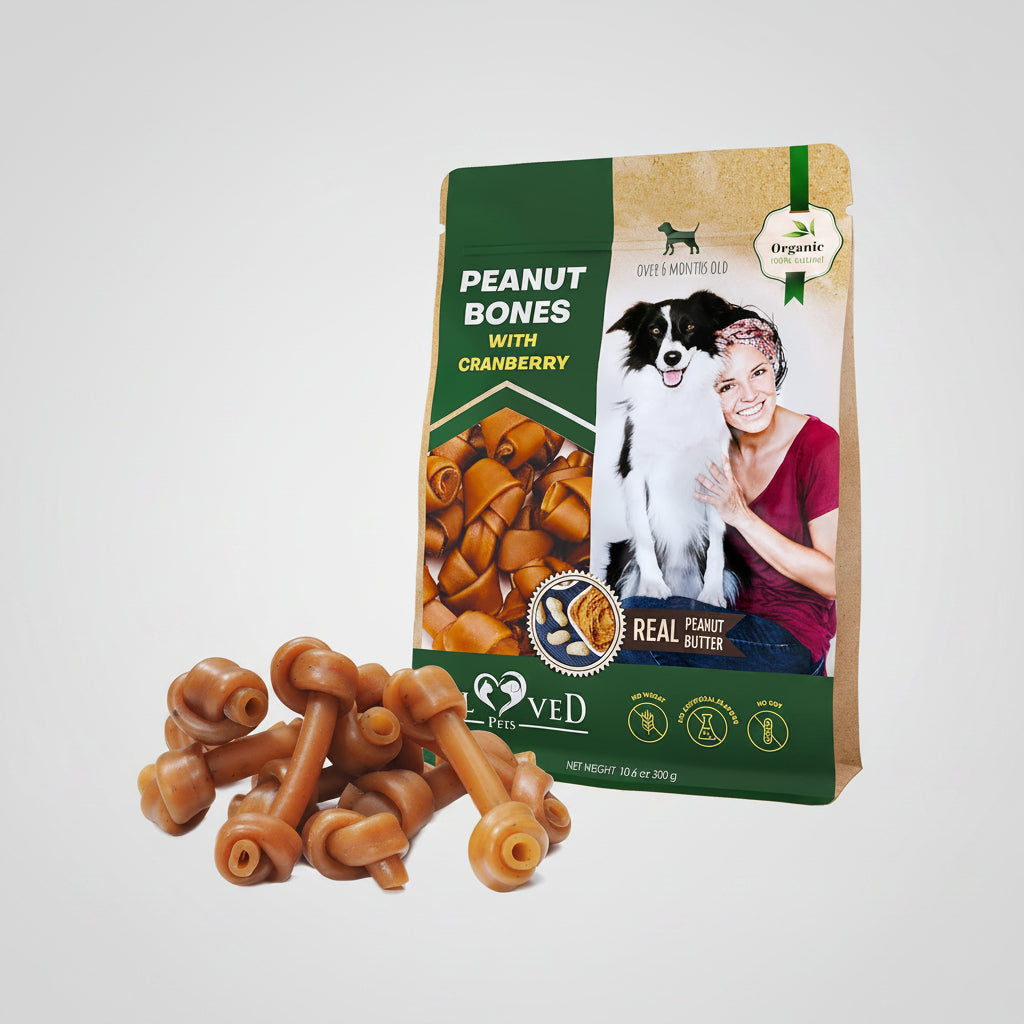 Beloved Pets peanut-butter bones dog treats in green pouch with bone-shaped chews