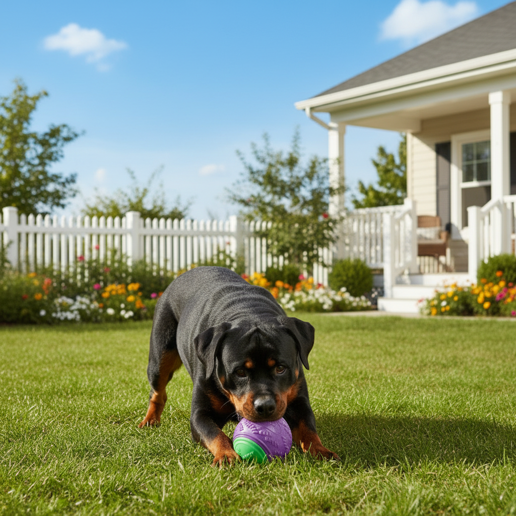 Squeaky training ball dog toy, purple ball with green bottom, held in mouth