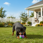 Squeaky training ball dog toy, purple ball with green bottom, held in mouth