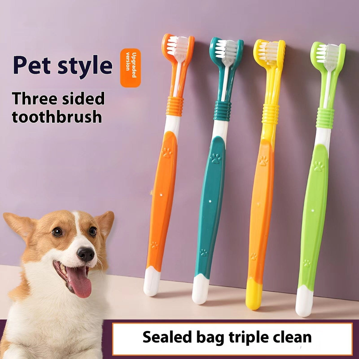 Three-sided pet toothbrush set with orange, teal, yellow, and light green handles