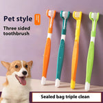 Three-sided pet toothbrush set with orange, teal, yellow, and light green handles