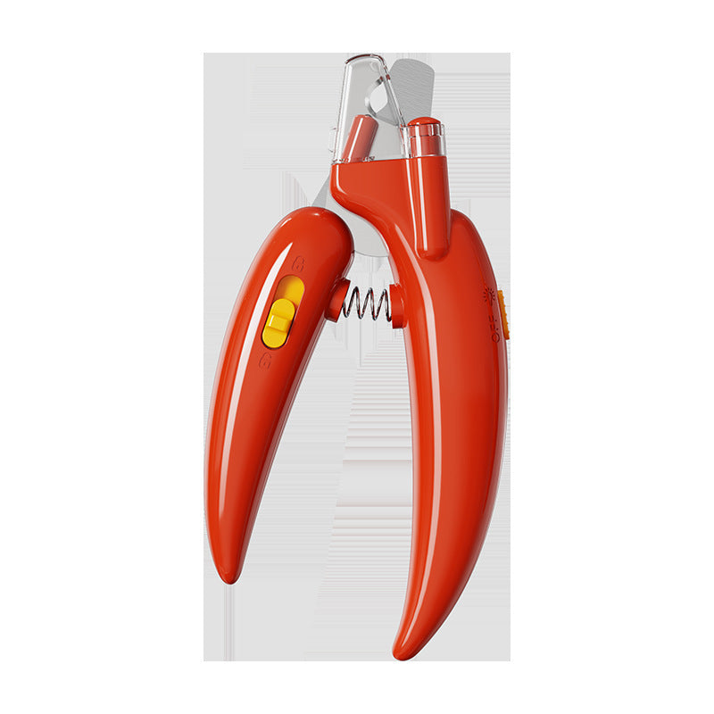 Red LED pet nail clippers with safety guard, open position showing guard and cutting blades
