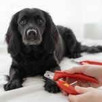Red pet nail clippers with safety guard, held near a black dog’s paw