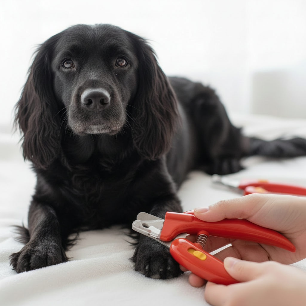 Red pet nail clippers with safety guard, held near a black dog’s paw