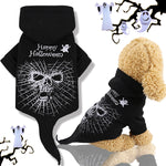 Black dog fleece hoodie sweater with spiderweb skull and Happy Halloween graphic, front view