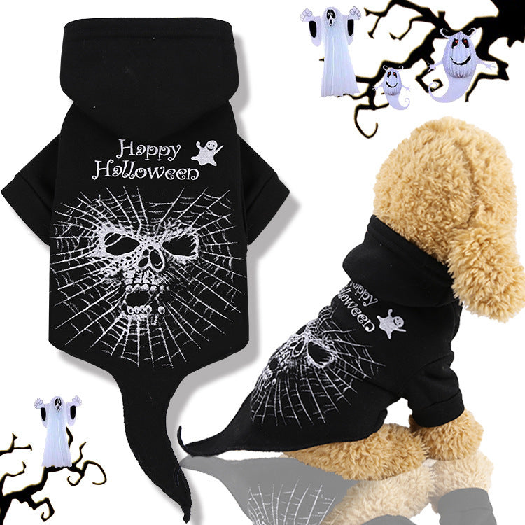Black dog fleece hoodie sweater with spiderweb skull and Happy Halloween graphic, front view