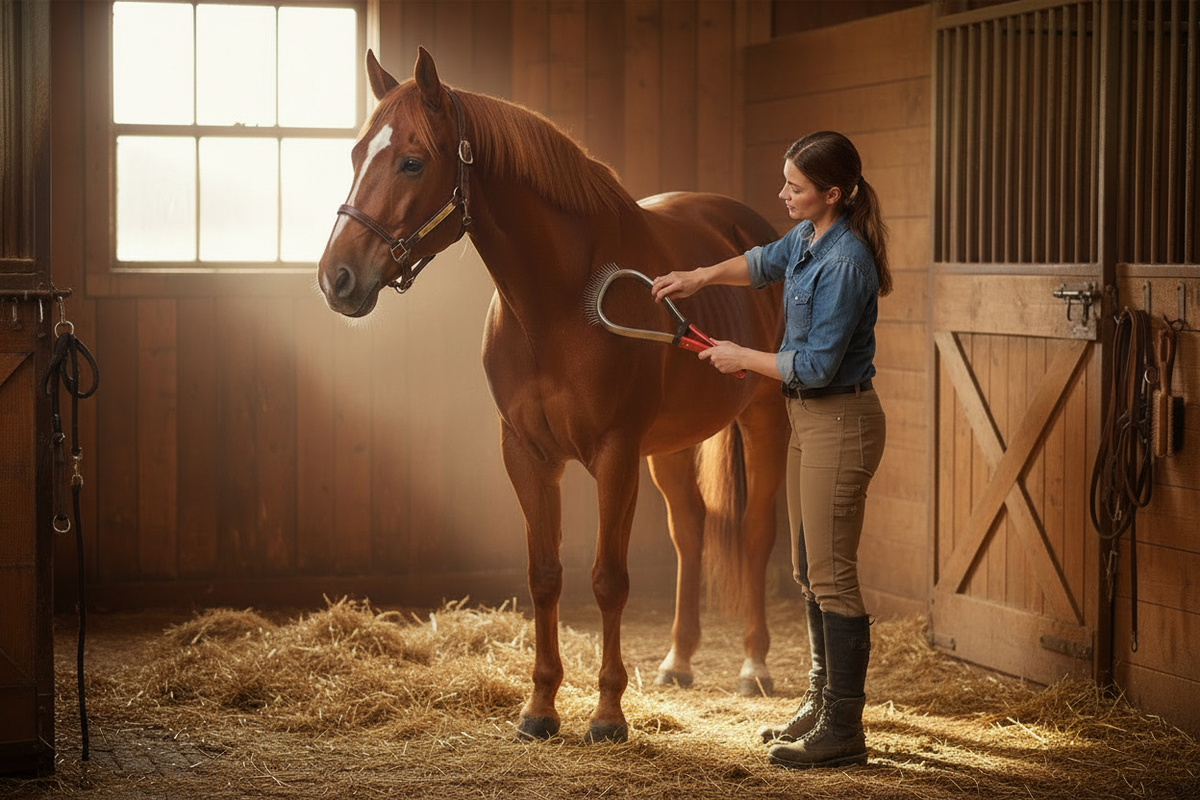 Horse grooming blade shedder with red handle and curved stainless steel scraper