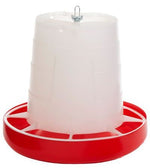 Clear body hanging poultry feeder with red base and central mounting