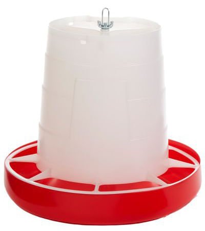 Clear body hanging poultry feeder with red base and central mounting
