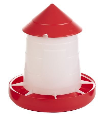 Red and clear hanging poultry feeder with lid and circular base