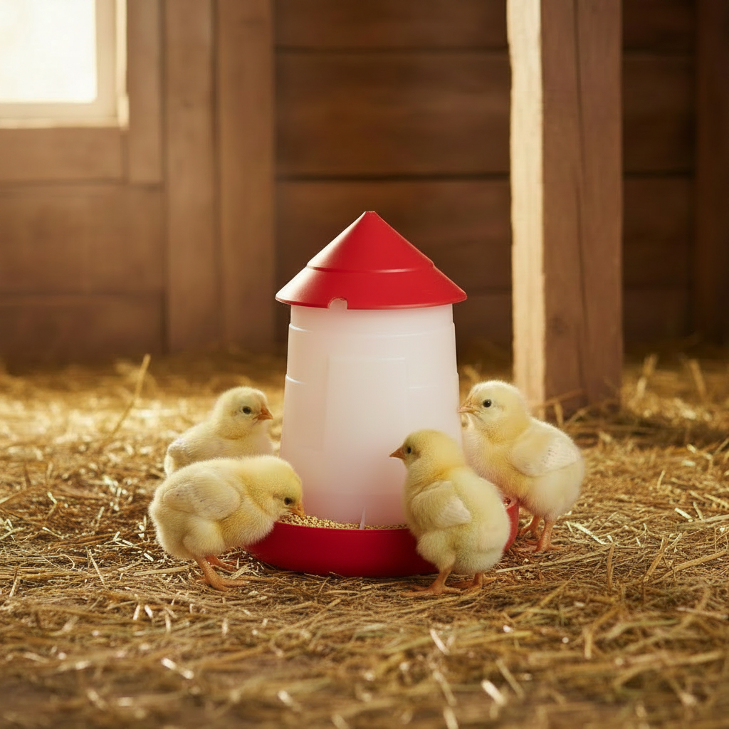 Hanging poultry feeder with red lid and white body, on outdoor straw bedding