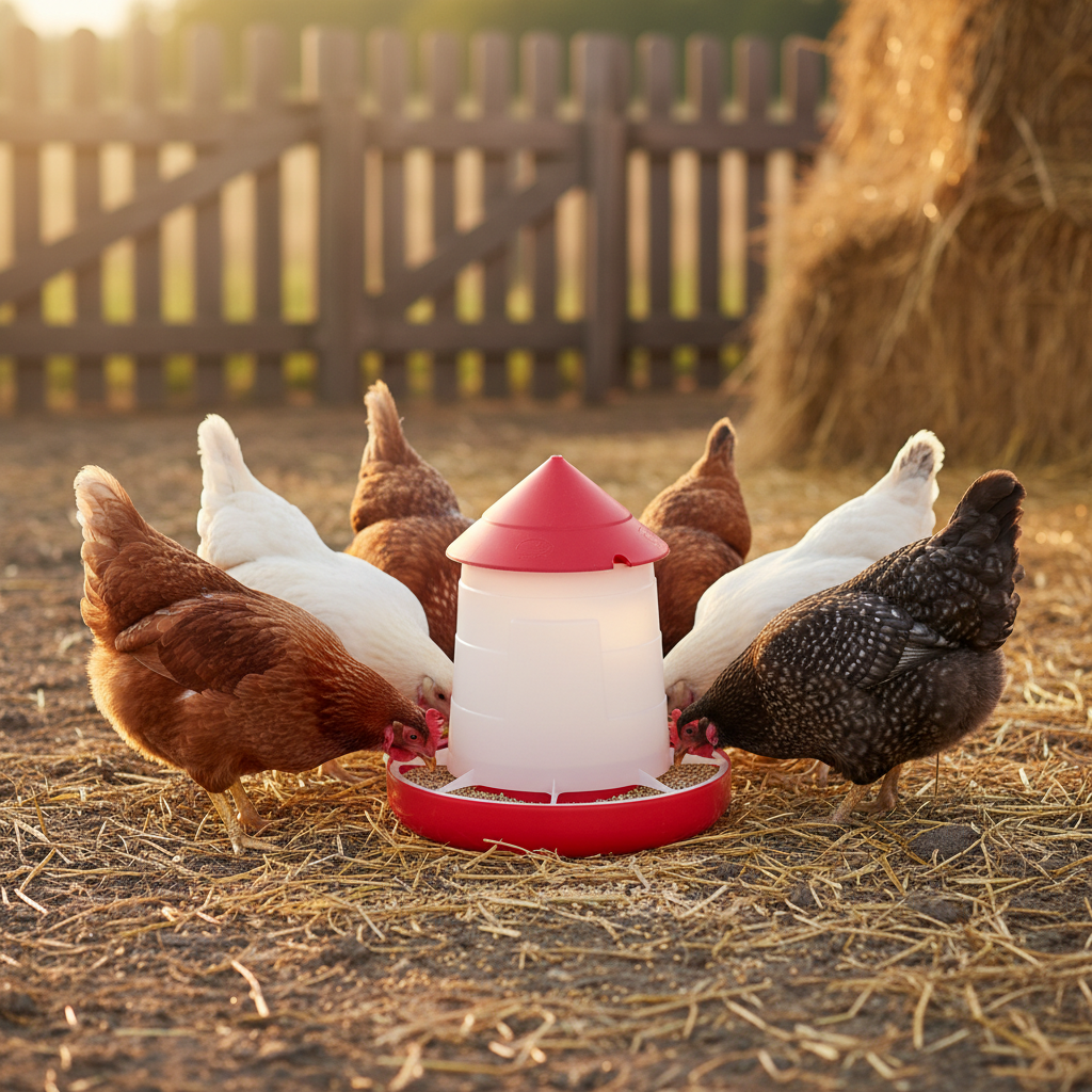 Hanging poultry feeder with red lid and white container, surrounded by chickens